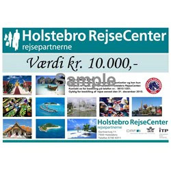 Gavekort til Holstebro RejseCenter til en værdi af 10.000 kr. med rejsebilleder, firmalogo og kontaktoplysninger. Ordet Sample er lagt oven på billederne.